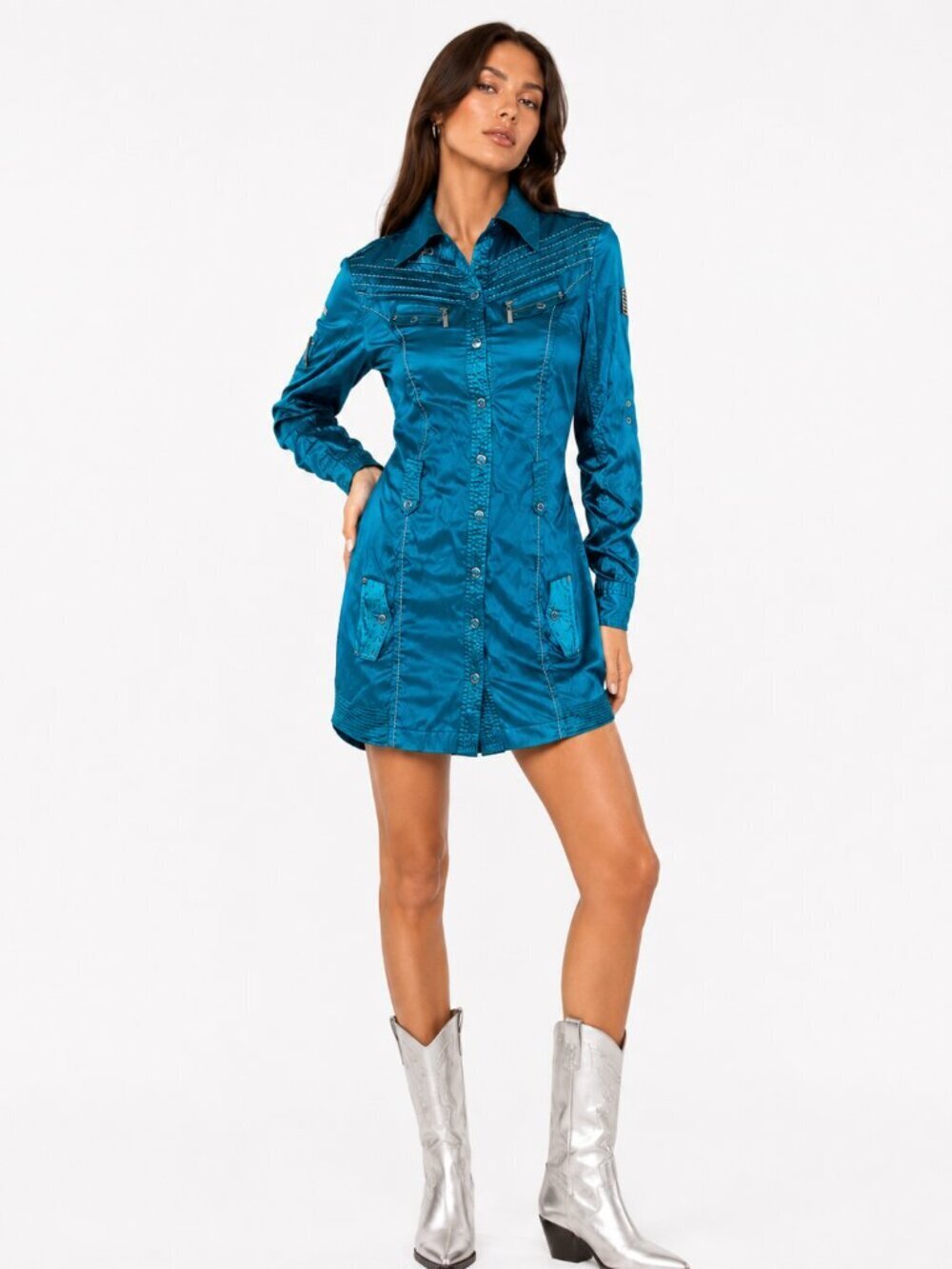 Coogi Shiny Snap Front Stretch Utility Mini Shirt Dress Teal Small